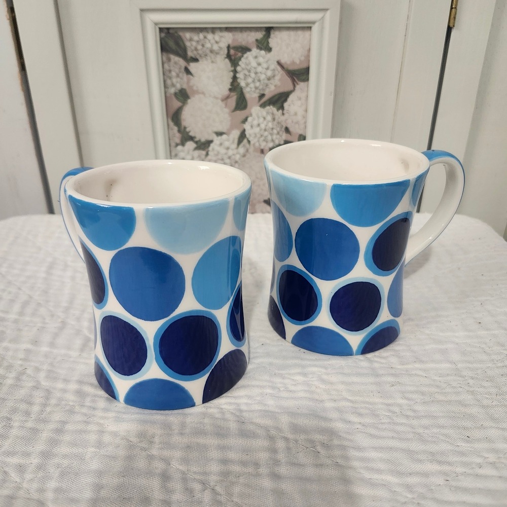 Harry & David Blue Polka Dot Coffee Mugs Set of 2 Ceramic 2009 Navy Sky White